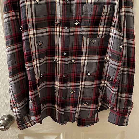 Elizabeth and James Jeweled Studded Flannel Button Up Top Blouse Womens Size 2 - Picture 4 of 14